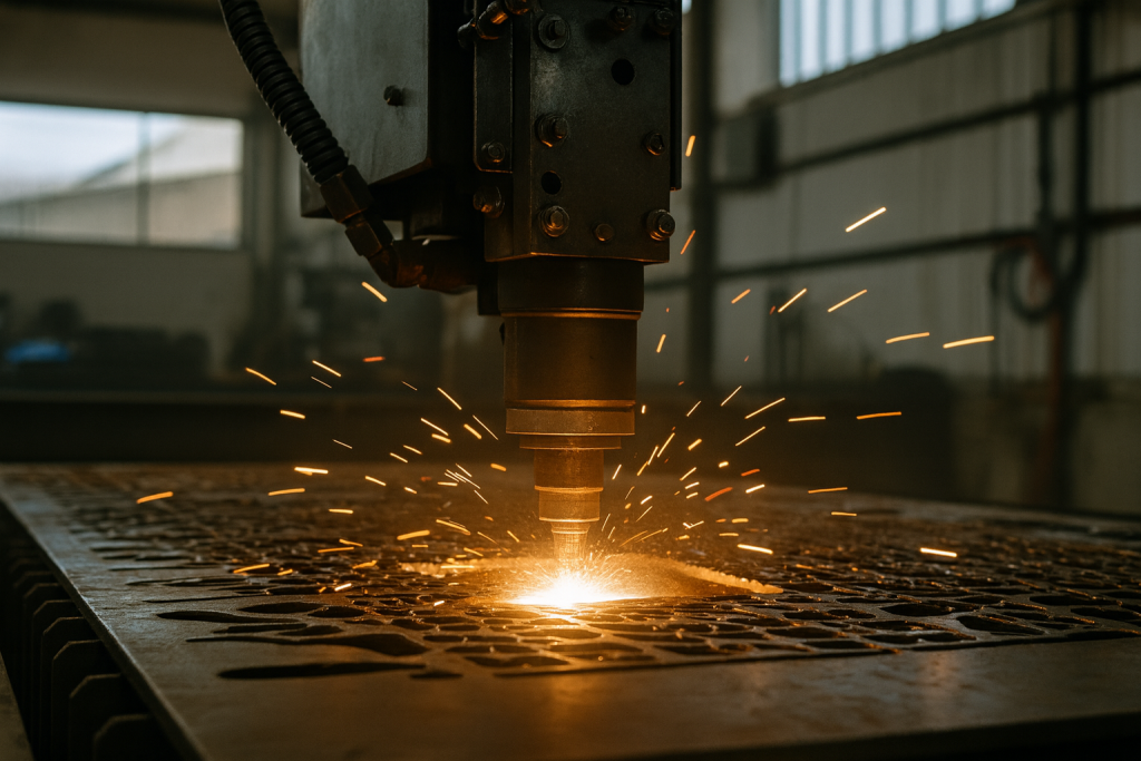 Präzises Laserschneiden von Metallblechen bei JB METALL – Funkenflug während der Bearbeitung in der Werkhalle