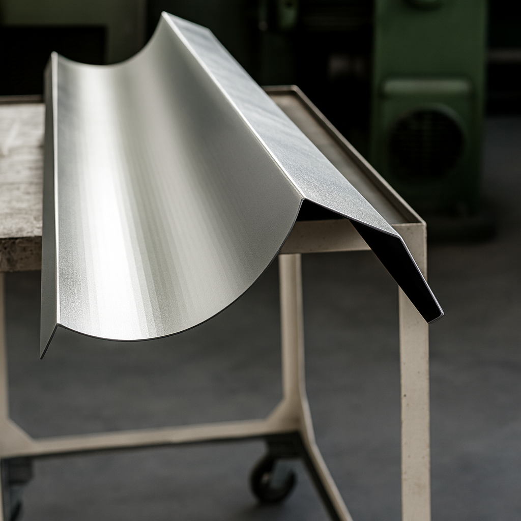 Gebogenes Edelstahlblech auf Arbeitstisch bei JB METALL – Beispiel präziser Biegearbeit mit glatter Oberfläche und exakter Kantenführung. Biegearbeiten
