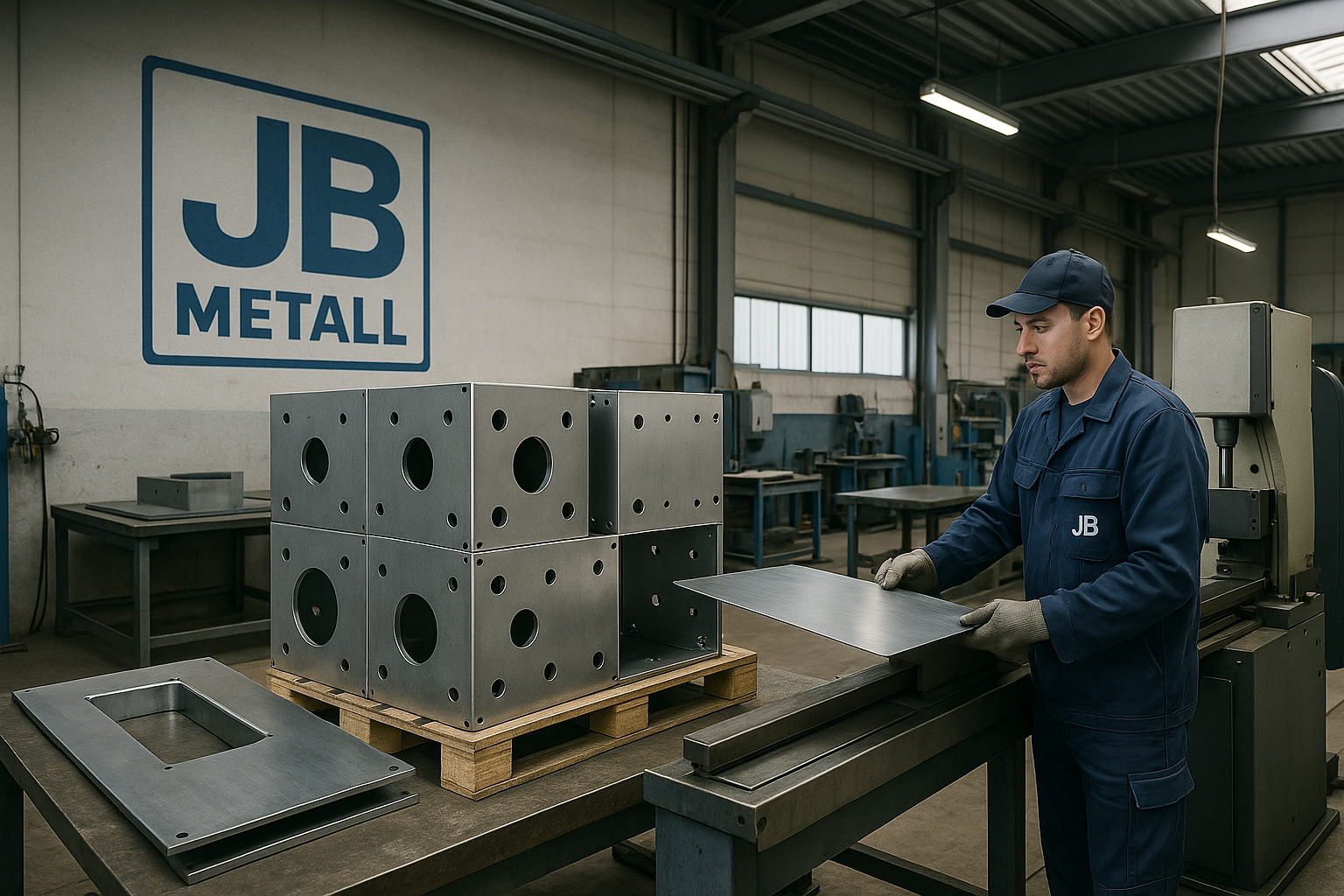 Ein Arbeiter in dunkelblauer Arbeitskleidung mit dem Logo „JB METALL“ steht in einer modernen Metallwerkstatt und bedient eine Biegemaschine. Auf einem Arbeitstisch und einer Palette liegen präzise gefertigte Blechteile aus Edelstahl. Im Hintergrund ist eine helle Werkhalle mit Metalltischen, Maschinen und einem großen blauen „JB METALL“-Logo an der Wand zu sehen.