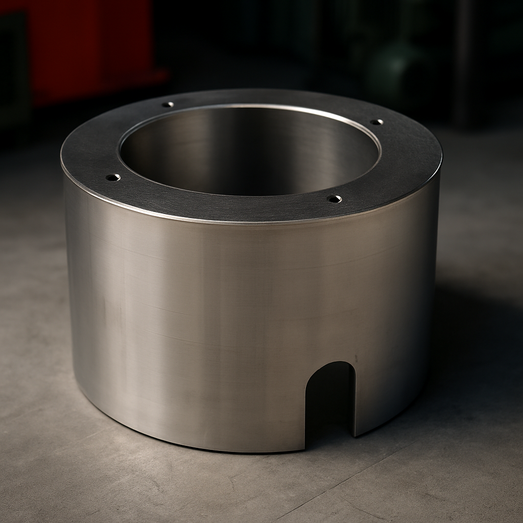 Zylindrisches Edelstahl-Bauteil von JB METALL – präzise gefertigte Baugruppe mit sauberer Oberfläche und exakter Fräsung, hergestellt in der eigenen Fabrikation.