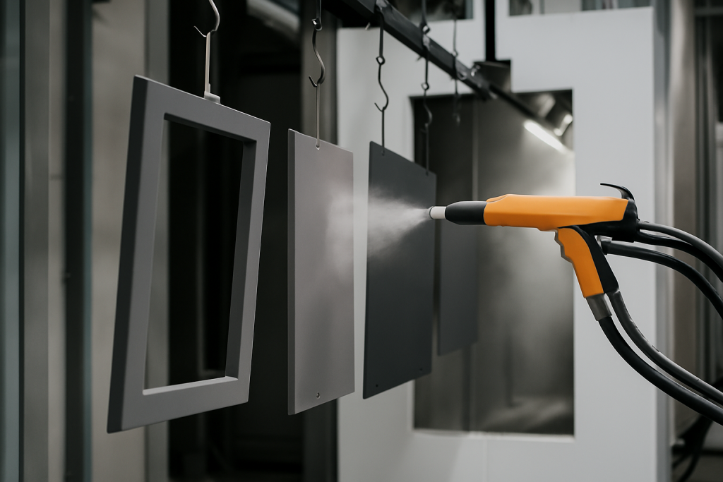 Pulverbeschichtungen in Aktion – eine industrielle Pulverbeschichtungsanlage trägt gleichmäßig Pulverfarbe auf hängende Metallteile auf, für langlebigen Oberflächenschutz und perfekte Optik.