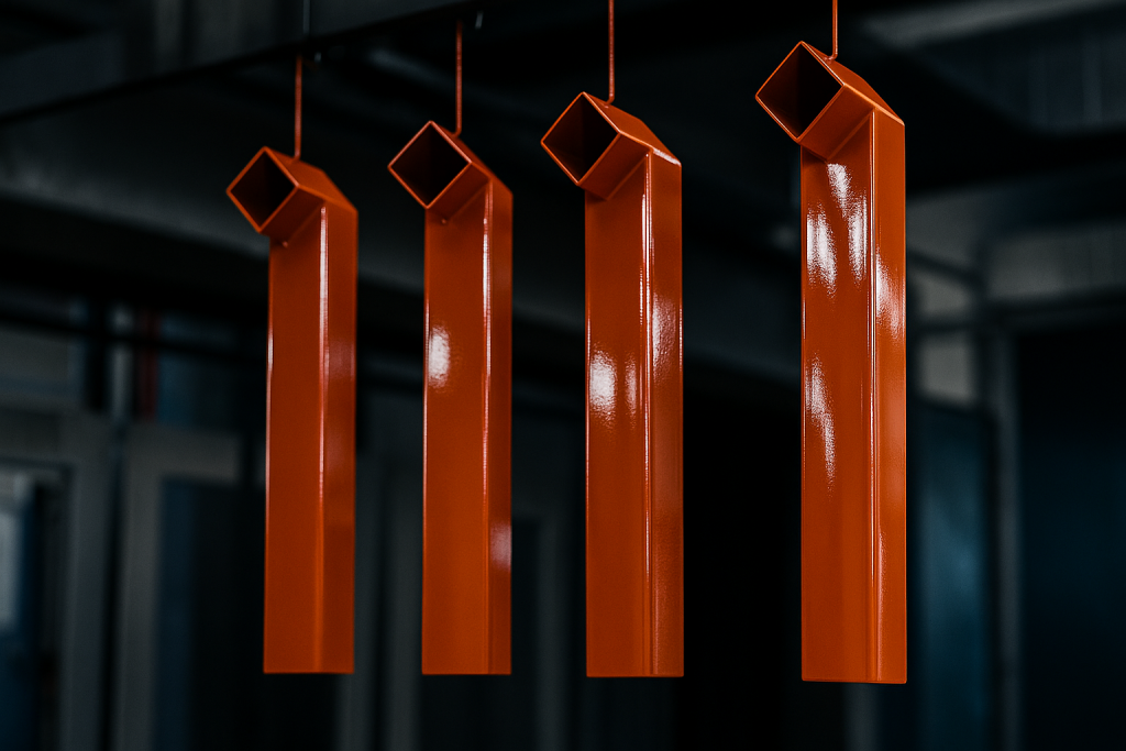 Glänzend orange Pulverbeschichtungen an Metallprofilen bei JB METALL nahe Hildesheim und Hannover – hochwertige, gleichmäßige Oberflächen in Industriequalität.