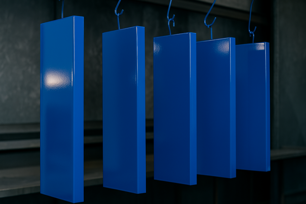 Glänzend orange Pulverbeschichtungen an Metallprofilen bei JB METALL nahe Hildesheim und Hannover – hochwertige, gleichmäßige Oberflächen in Industriequalität.