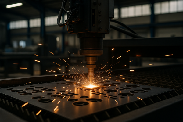 JB METALL – moderner Laserschneidprozess für exakte Metallbearbeitung. Detailaufnahme einer Laserschneidanlage beim Zuschneiden von Blechen mit sichtbarem Funkenflug.